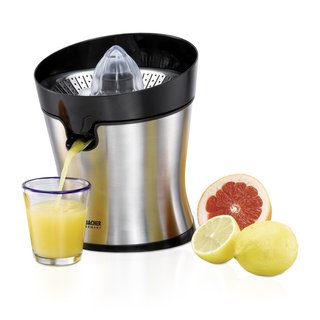 Rommelsbacher Zitruspresse ZP 85/E mit einem Glas Orangensaft und Zitronen und Grapefruit
